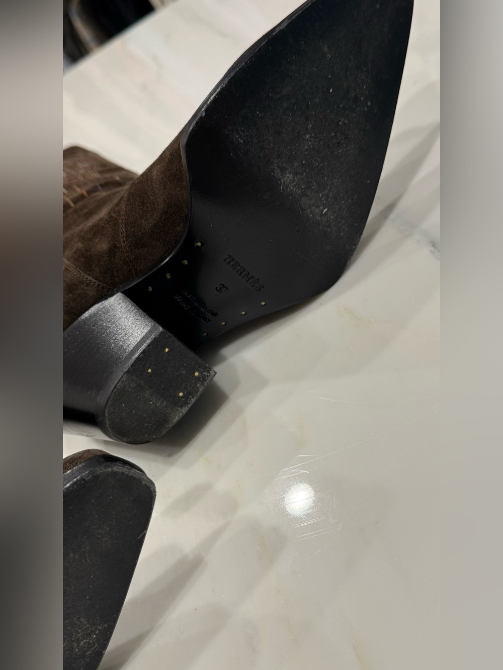Hermes Brown Suede Cowboy Boots with Architectural Stitching - Picture 5 of 8